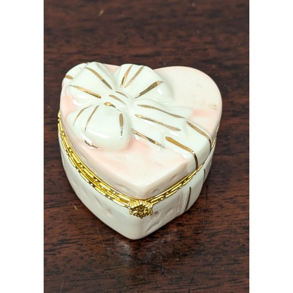 Vintage JCM Porcelain Heart Trinket Box Raised Bow Pink Gold Trim Hinged 2.5in